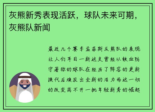 灰熊新秀表现活跃，球队未来可期，灰熊队新闻