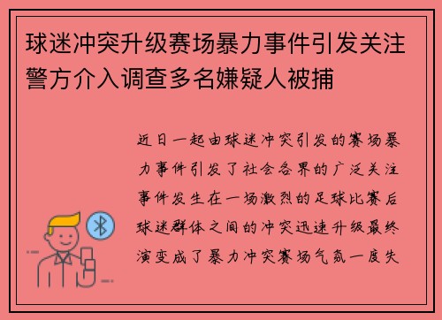 球迷冲突升级赛场暴力事件引发关注警方介入调查多名嫌疑人被捕 球迷冲突升级赛场暴力事件引发关注警方介入调查多名嫌疑人被捕